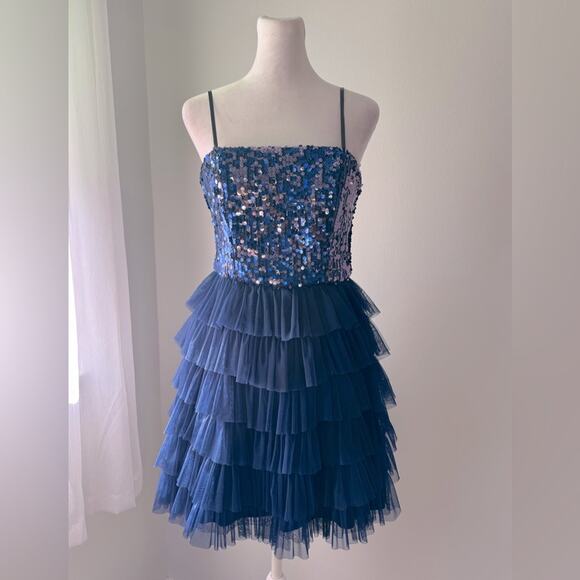 Vintage Y2K dELiA*s Dark Blue Sequined Spaghetti Strap Tiered Mini Dress - Picture 2 of 8